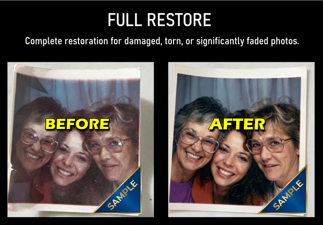 Full Restore photo restoration – before and after of heavily damaged photo
