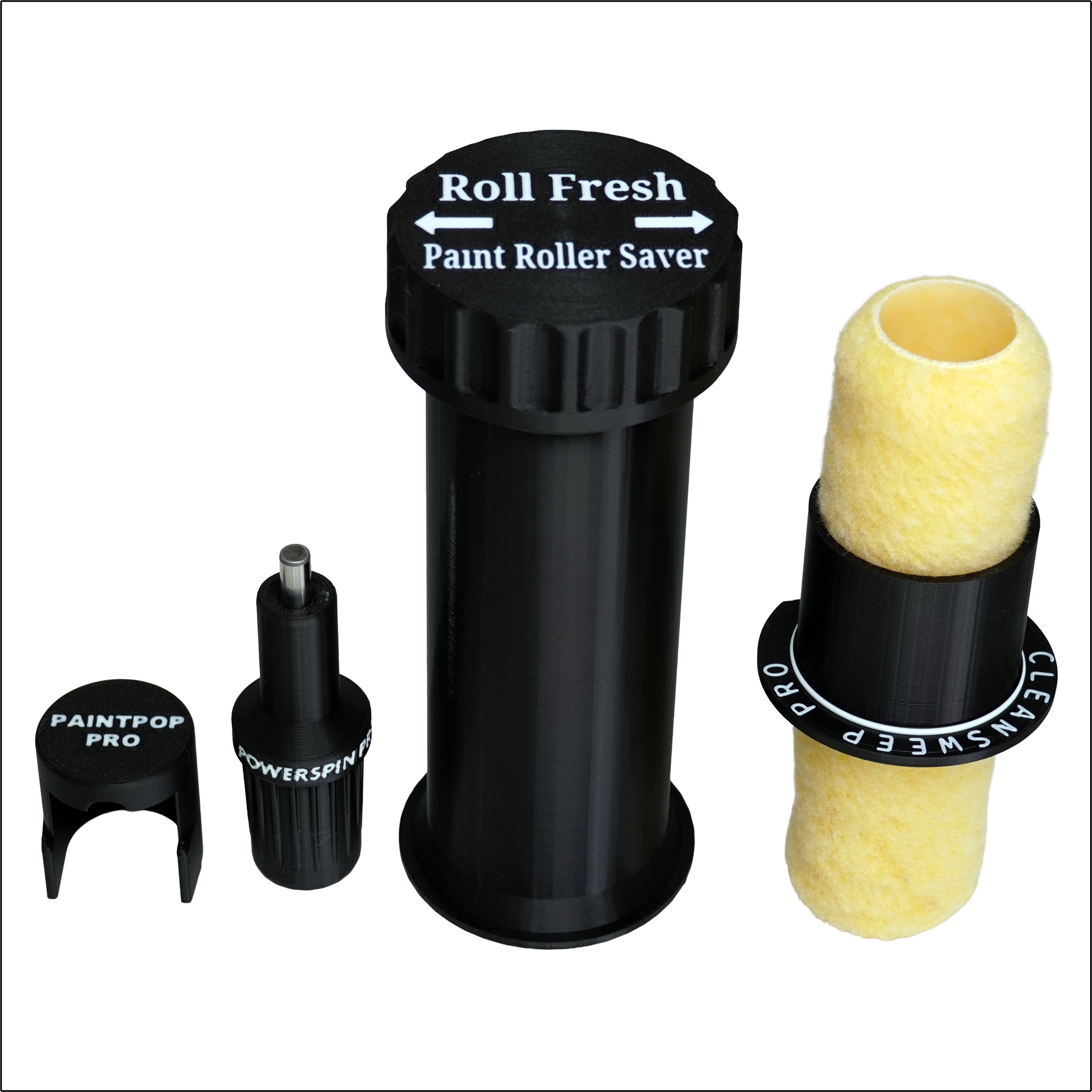 Paint roller saver with black and yellow components on a white background
