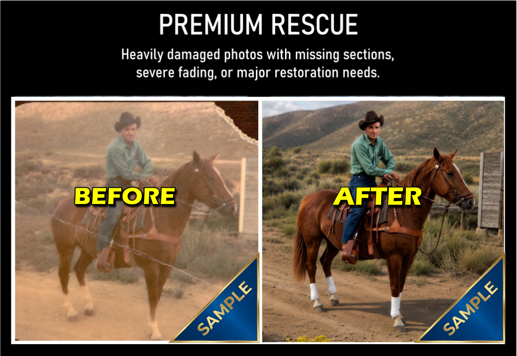 Premium Rescue photo restoration – before and after of severely damaged vintage photo
