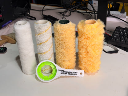CleanSweep Flex shown with paint rollers in multiple nap sizes from one-quarter inch to three-quarter inch
