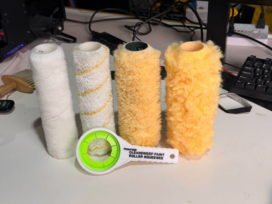 CleanSweep Flex shown with paint rollers in multiple nap sizes from one-quarter inch to three-quarter inch