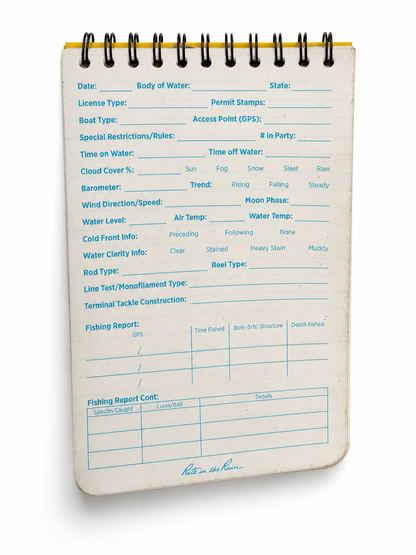 Interior fishing report form in the Rite in the Rain Fishing Journal