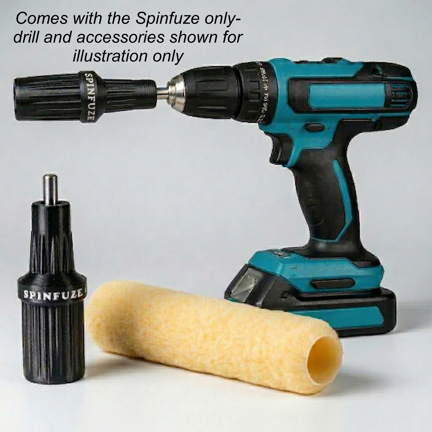 Cordless drill with Spinfuze attachments on a gray background