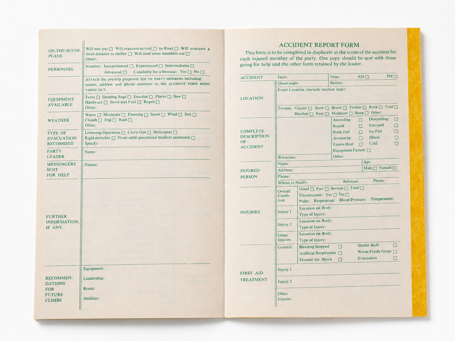 Open vintage REI weatherproof journal forms