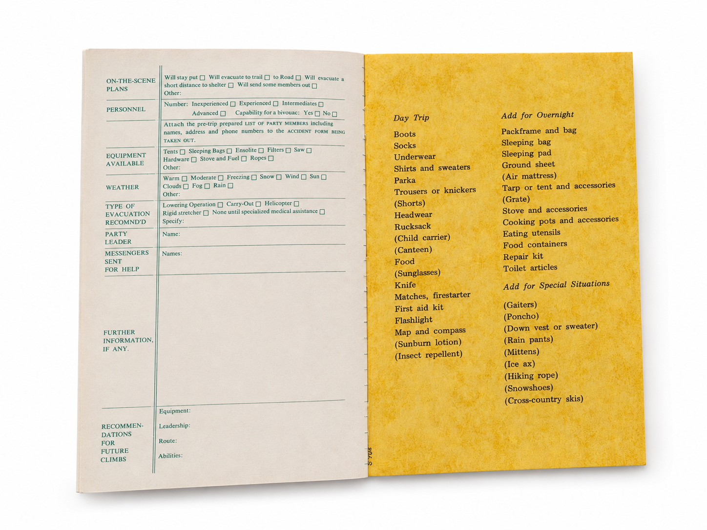 Vintage REI trip journal interior spread